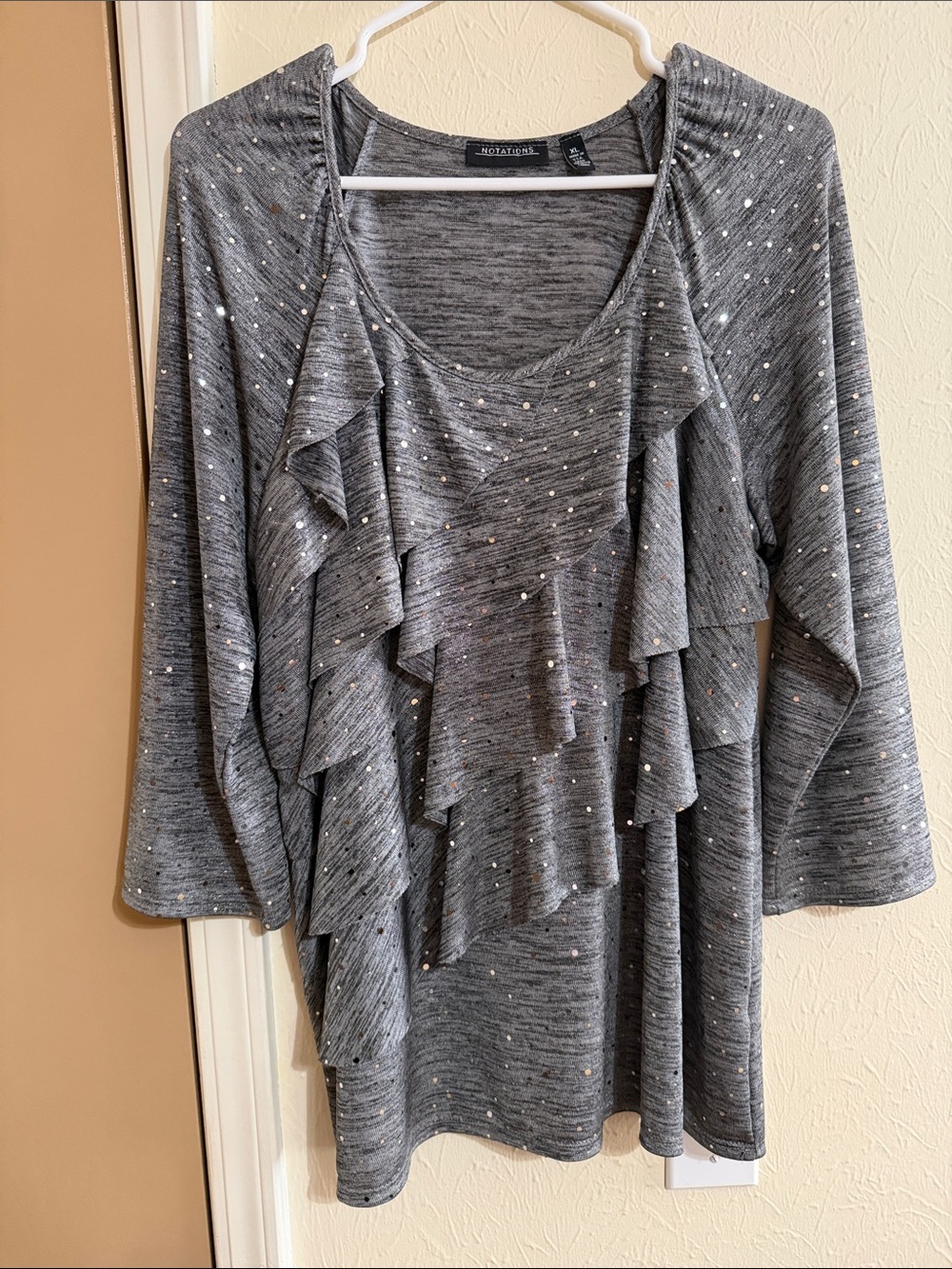 Notations Gray Ruffle Front Blouse with Metallic Speckle